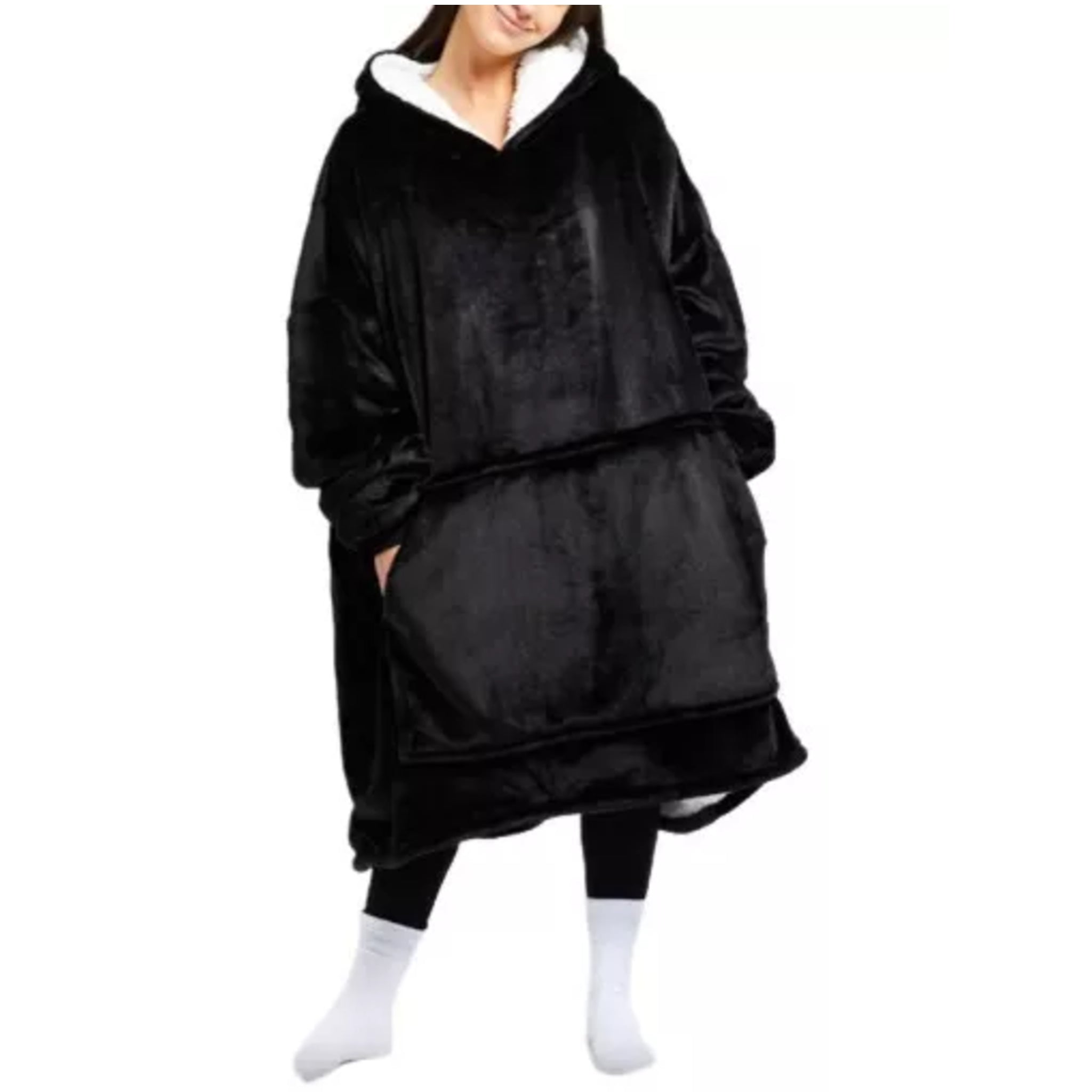 Ladies unisex oversized hoodie blanket snood snoodie in black – soft fleece wearable blanket with hood and large pocket, cozy warm loungewear.